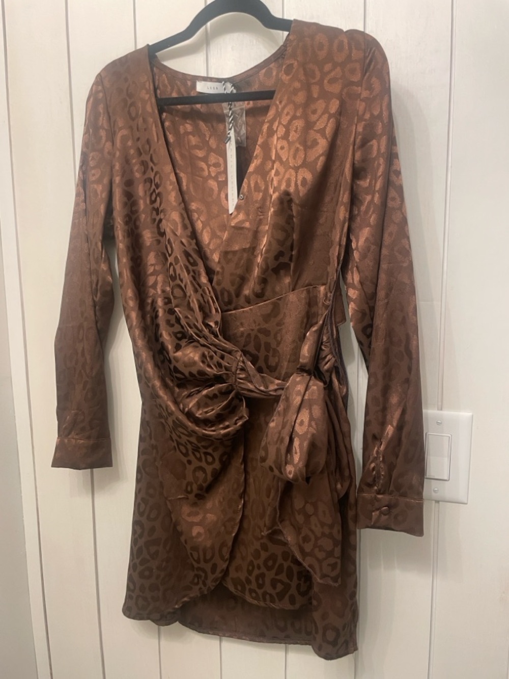 Brown Satin Leopard-Print Wrap Dress from Maris Dehart